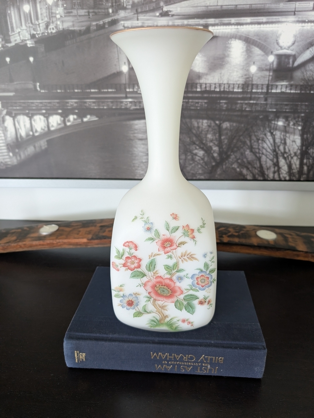 White Satin Glass Floral Bud Vase with Gold Rim